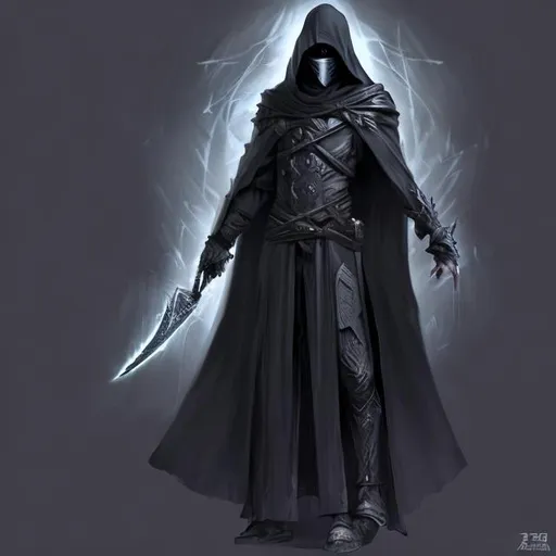 Prompt: An assassin wearing a black robe covering its face,have shadowy athmosphere,holding a dagger on both hands, hyperdetaile 3d 1 art sketching,full body that showing his feet