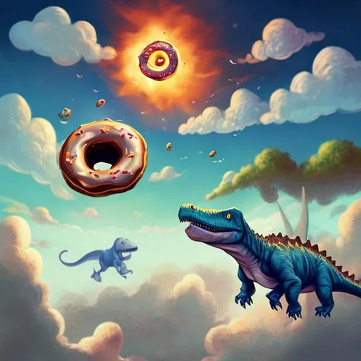 Prompt: a donut flying in the sky while being chased by a giant dinosaur