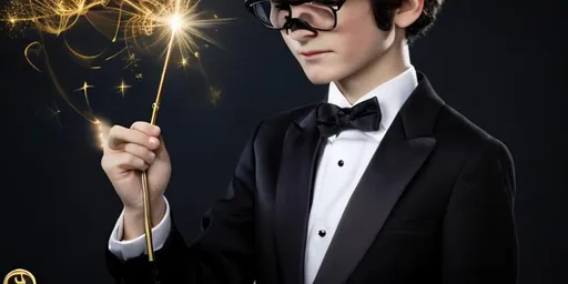 Prompt: 13 year old boy in a tuxedo casts a gold sparkle magic spell with his magic wand on a 5 year old girl