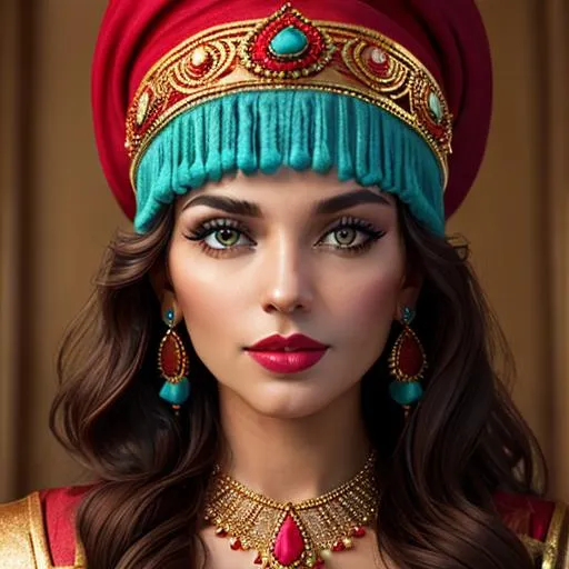 Prompt: Beautiful ethereal woman. color scheme of tuquoise and red., wearing turquoise and gold jewlry, wearing a red hat, facial closeup