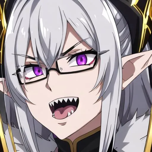 Prompt: Male (short spiky half black and white hair with long white fringes) (Purple eyes) (elf ears) (sharp teeth) (long spiked tongue) (gold framed eyeglasses with a gold color), UHD, 8K, highly detailed, insane detail