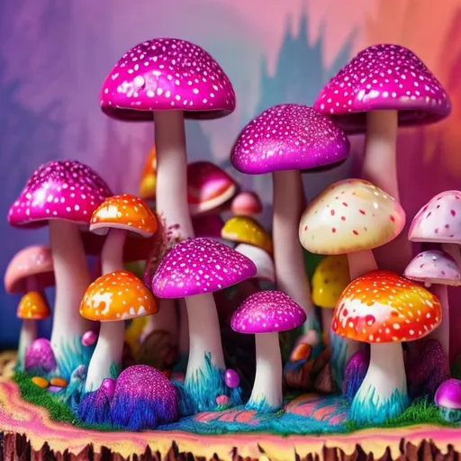 Prompt: Lisa frank Mushroom forest diorama