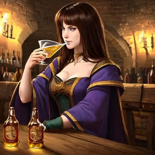Prompt: Brunette female sorcerer drinking ale sitting