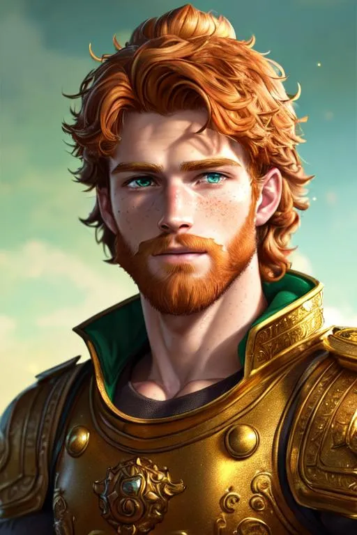 Prompt: Long-shot hyper realistic oil painting, 8k, of a ruggedly handsome,20 year old prince,  strong musculatute, FULL BODY,golden crown, a sort ginger hair, short scruffy beard, freckles, very detailed green eyes, centered in frame, intricate details, very detailed eyes, correct perspective, natural light