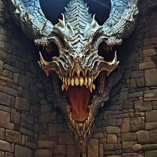 Prompt: A dragon skull, open as entrance to a building. Fantasy art, dungeons and dragons. 