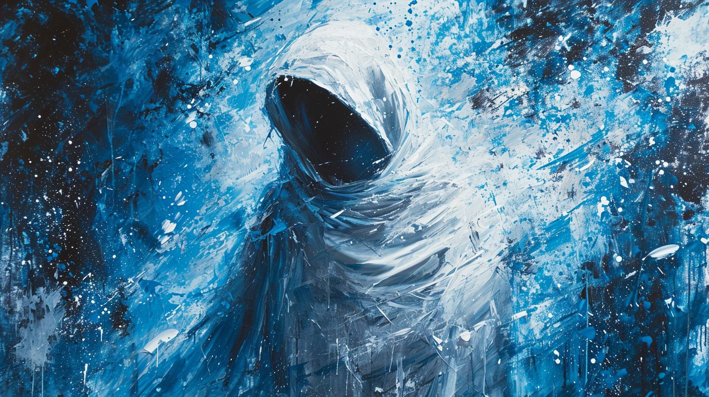 Prompt: The image showcases a mysterious figure cloaked in a white hood, their face concealed in shadow. The figure's attire is intricately wrapped around them, and they're set against an explosive backdrop of splattered blue and white hues.