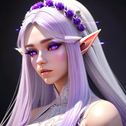 Prompt: An woman purple skins elf hyperdetailed, with long white hair, wearing White dress, Hyperdetailed photorealism, 108 megapixels, amazing depth, powerful imagery, psychedelic Overtones, 3D finalrender, 3d shading, cinematic lighting, artstation concept art.

