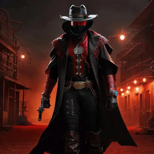 Prompt: Cyber Cowboy with 4 Arms, fiery red Poncho, Dressed in black duster and Stetson Cowboy Hat, with Red eyes, Haunting Presence, Intricately Detailed, Hyperdetailed, Desert Wild West Landscape, Dusty Midnight Lighting, Wild West Feel