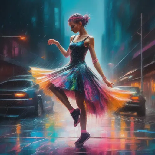 Prompt: A colourful and beautiful cyberpunk ballerina in a flowing cyberpunk dress dancing in the rain in a cyberpunk world in a painted impressionistic style