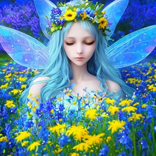 Prompt: fairy goddess of wildflowers ethereal,dreamscape, blue and yellow colors, closeup