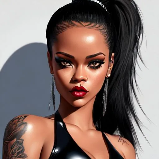 Prompt: punk rock girl resembles Rihanna with long ponytail black hair, chalk drawing, wear a black latex suit, intricate and extremely detailed, photo realistic render, elegant, quality 1, 8k