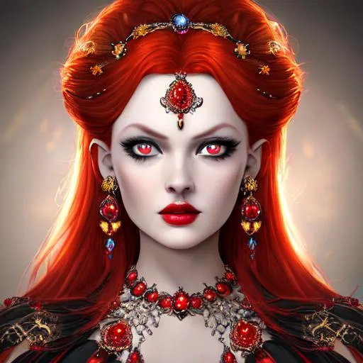 ortrait of a red head fire Goddess with big gray eye