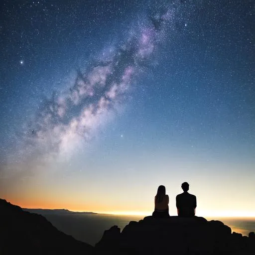 Prompt: A female and male silhouetted looking at the stars and sitting on a cliff