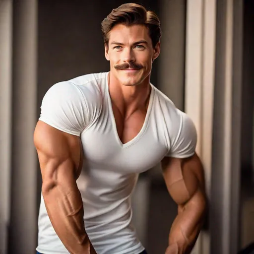 Prompt: professional photoshoot of A handsome, attractive, tan, and very muscular, Peter Parker with a mustache, wearing a short-sleeved shirt, defined musculature. High quality, bright lighting, defined musculature, Smiling. 