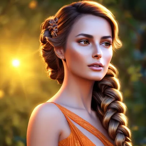 Prompt: HD 4k 3D 8k professional modeling photo hyper realistic beautiful  woman ethereal greek goddess of legislation
orange french braided hair green eyes gorgeous face brown skin shimmering dress jewelry laurel headpiece holding scroll and books full body surrounded by magical glowing light hd landscape background springtime pasture