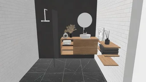 Prompt: A bathroom with a ceramic sink and a wooden table on a marble floor in a modern style