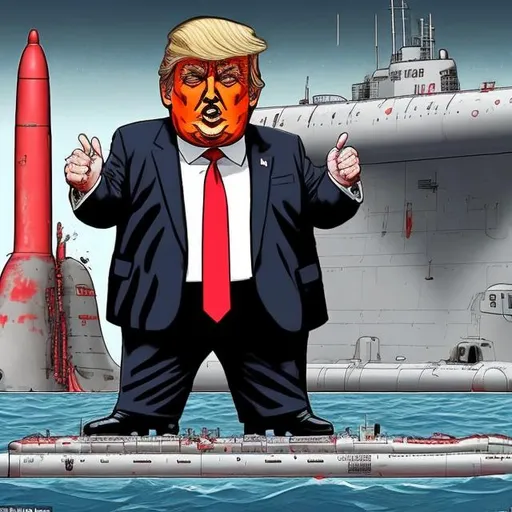 Prompt: Obese Trump in front of a blood dripping  grey nuclear submarine with nuclear warheads in drydock, stars and stripes, dark-blue suit, too long red tie to the floor, u-boat scene, muted colored, Sergio Aragonés MAD Magazine cartoon style