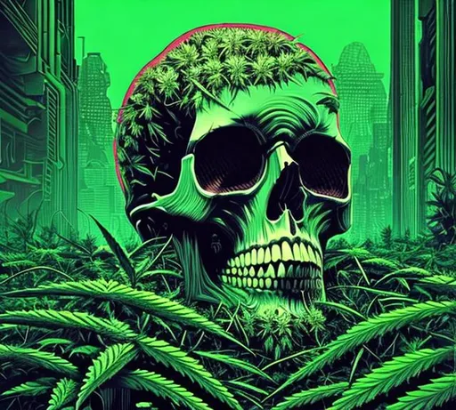 Prompt: Hypnotic illustration of a skull overgrown with cannabis, realistic, Cyberpunk, pop art, neon, 