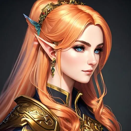Prompt: "oil painting, fantasy, UHD, hd , 8k, Full Body, I would like to commission a highly realistic and extremely detailed face portrait of an Elf female character from World of Warcraft. The character should be modeled after an Medieval young princess with beautiful long, curly, and wavy orange hair, thin arched eyebrows, and striking orange eyes. She should be wearing a black clothes and an intricate crystal circlet on her forehead. The artwork should be created in either 4K or 16K resolution and should be of photo realistic quality."