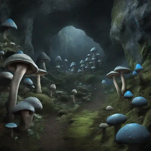 Prompt: Mushroom cavern, grey mist, darkness, blue light, Blackstone, cavern huge mushrooms, fungus village, dark-green mossy ground