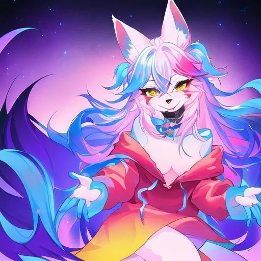 Prompt: A dreamlike state of color clean lines, pastel high contrast of an anthro fursona adult female furry red fox wearing a purple cozy hoodie with constellations adorning the sleeves who's rainbow and in the light, main color red and blue, surface like an oil spill,  high detail, full animal, artstation, splash of color, dynamic lighting full body in frame