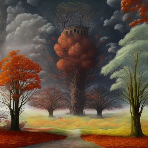 Prompt: ART DECO AUTUMN TREES, falling leaves, birds, hills, wind, clouds, castle, AURIKA PILIPONIENE IRA KENNEDY MARCI MCDONALD HOLAKANOLA MARIA SERAFINA DEBBIE CRISWELL victo ngai henri rousseau vladimir kush Arief Putra Anita Inverarity Alenka Sottler Itzchak Tarkay remedios varo