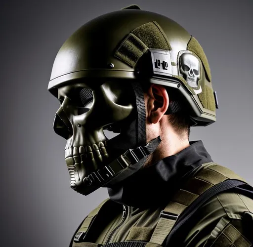 Prompt: raw photo of a man with skull mask , dark background , wearing tactical suit, with army helmet, side profile
