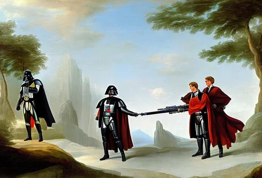 Prompt: Darth Vader and Luke Skywalker as the characters in "The Creation of Adam"