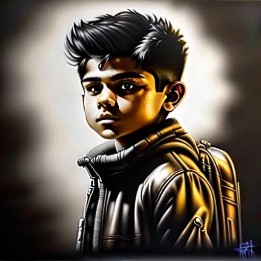 Prompt: indian boy that is 4'8 with black flufffy hair ,brown eyes, and a backpack hyper realistic with no smile leather jacket