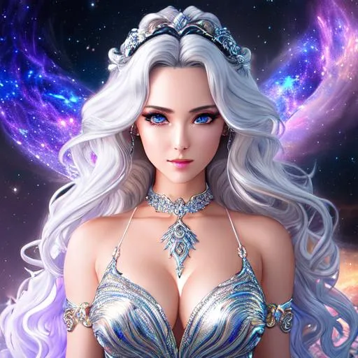 Prompt: Fantasy style, a hyper realistic detailed image of a celestial feminine woman, covered in nightly glow, looking straight ahead, body facing camera, camera top third of image, perfect composition, super detailed, sharp focus HDR, UDR, 120k, square jaw, light silver and white coloured skimpy dress, silver shoulder plates, long curly white hair, amber eyes, in a dark stary night-time fantasy background, 