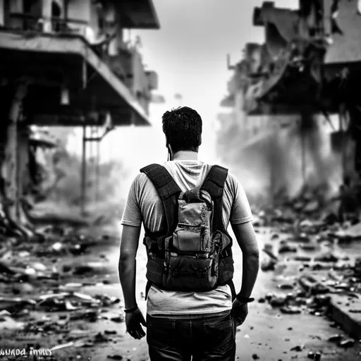 Prompt: One man, from back war journalist wearing civilian with journalist vest and helmet holding a digital camera on his hands at the place of action, in war zone.. epic gray background blood fire rain 