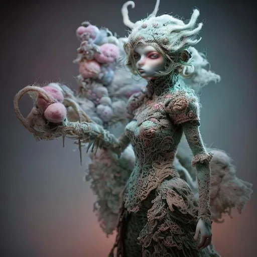 Prompt: needle-felted fantasy figures, intricate details, insane details, volumetric lighting