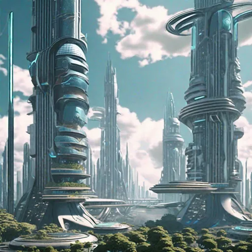 Prompt: "Render an alternate reality where technology has surpassed nature, depicting a futuristic city with towering skyscrapers and advanced machines"