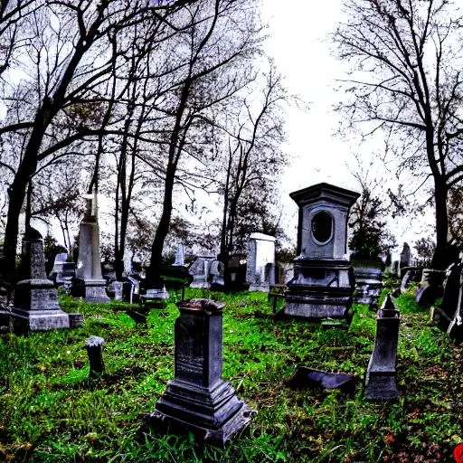 Prompt: haunted evil abandoned cemetery at night with ghost