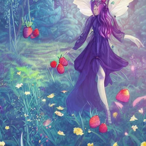 Prompt: Witch, aesthetic, forest, nature, pastel, beautiful, final fantasy, fantastical, magic, painting, fairy, fairycore, butterfly wings, strawberries, cute, flowers, soft, lemons, art, cat, rpg, sweet, milk, crystals, highres, bumble bee, illustration, Steven universe