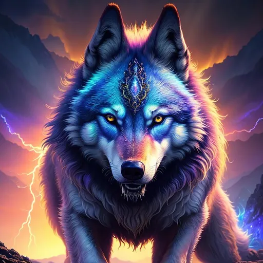 Prompt: (masterpiece, professional oil painting, epic digital art, best quality:1.5), insanely beautiful wolf, ancient, celestial guardian, growling, glaring, global illumination, psychedelic colors, illusion, sunrise, finely detailed, calm, detailed face, beautiful detailed eyes, beautiful defined detailed legs, beautiful detailed shading, slender, highly detailed body, (lightning halo), tilted halo, {body crackling with lightning}, billowing wild fur, lilac magic fur highlights, fox ears, jewel crusted crest, ice elements, {auroras} fill the sky, {ice storm}, crackling lightning, lightning charged atmosphere, full body focus, beautifully detailed background, cinematic, 64K, UHD, intricate detail, high quality, high detail, masterpiece, intricate facial detail, high quality, detailed face, intricate quality, intricate eye detail, highly detailed, high resolution scan, intricate detailed, highly detailed face, very detailed, high resolution