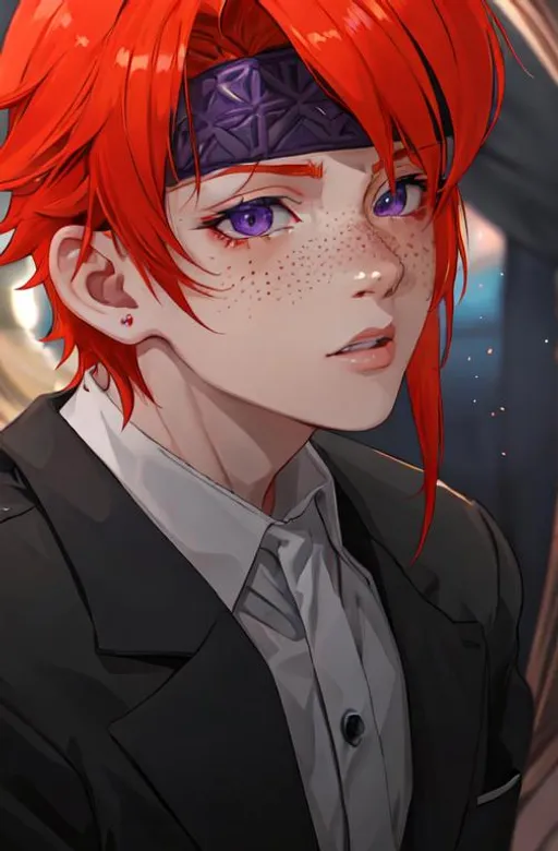 Prompt: Erikku male (short ginger hair, freckles, right eye blue left eye purple) UHD, 8K, Highly detailed, insane detail, best quality, high quality. As the godfather, mafia