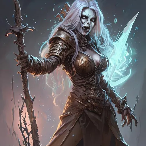 Prompt: Full body splash art of a cute female undead zombie sorceress, very long light brown hair, wearing long light-colored iridescent robe, carrying a wooden staff, D&D, fantasy, highly detailed, sharp focus, digital painting, artstation, concept art, 4k, 8k