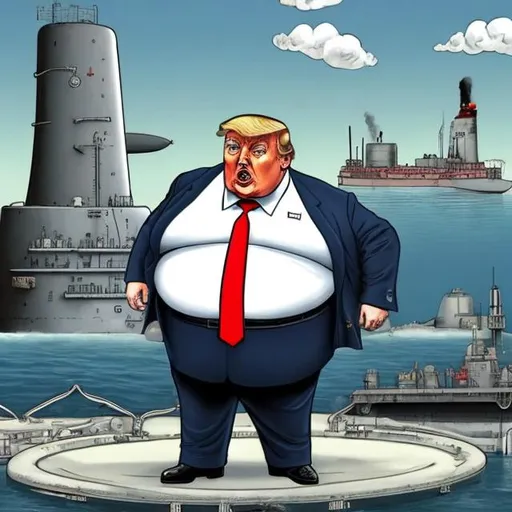 Prompt: Cute, obese Spy Trump in front of a nuclear submarine in drydock, press conference, dark-blue suit, too long red tie to the floor, u-boat scene, muted gloomy colored, Sergio Aragonés MAD Magazine cartoon style
