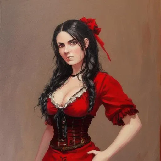 Prompt: Painting of a wild west saloon girl with dark hair and light eyes wearing a red dress