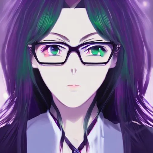 Prompt: anime portrait of a Female, with black rimmed square glasses, anime green eyes, beautiful intricate purpled and black hair, shimmer in the air, symmetrical, in re:Zero style, concept art, digital painting, looking into camera, square image
 
