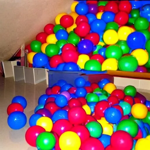 Prompt: the backrooms filled with ball pit balls 