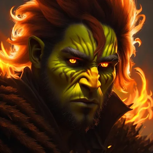 Prompt: Masterpiece digital art, portrait, young half-orc sorcerer, orc bloodline, solar, long orange fire Mohawk, yellow animalistic eyes, [desaturated skin], fireball, very detailed face