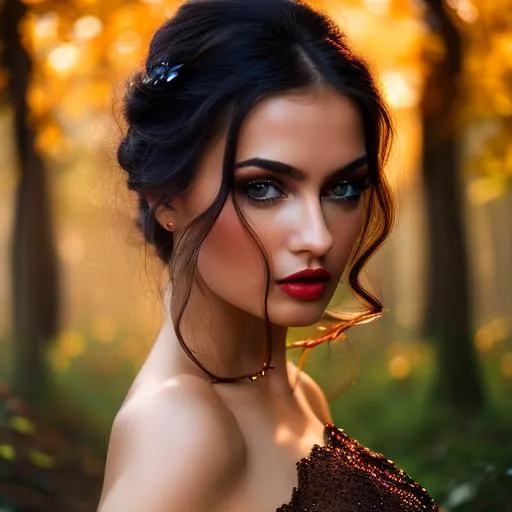 Prompt: Ultra beautiful  European girl, ((((hyper transparency dress)))), Photo realistic, dark fantasy, sensual, brown eyes, black gown, tree line, brazier, mists, detailed beauty face, detailed beauty eyes, black long hair, surreal beauty, soft light, (((((long shot))))), UHD, , 8k, high quality, oil painting, hyper realism, 