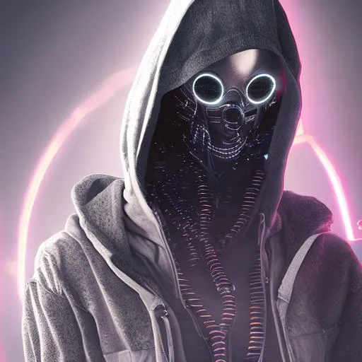 Prompt: Quality, detailed, 8k, cyberpunk bounty hunter, hooded figure, glowing mask, neon back lighting, air particles, heartbroken, dressed in white, beautiful, masterpiece
