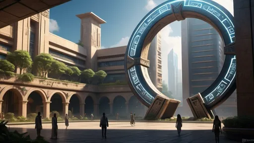 Prompt: magical portal between cities realms worlds kingdoms, circular portal, ring standing on edge, upright ring, freestanding ring, hieroglyphs on ring, complete ring, ancient babylonian architecture, gardens, hotels, office buildings, shopping malls, large wide-open city plaza, turned sideways view, futuristic cyberpunk tech-noir setting