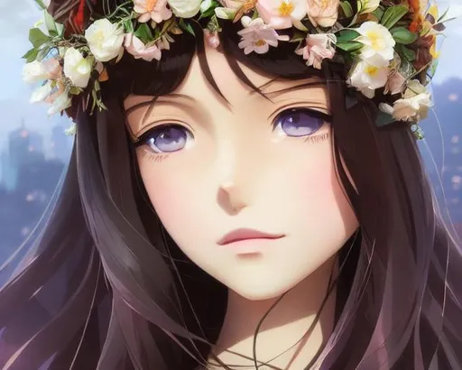 Prompt: Closeup face portrait of a girl with long black hair wearing a flower crown, smooth soft skin, big dreamy eyes, brown eyes, symmetrical, anime wide eyes, soft lighting, detailed face, by makoto shinkai, stanley artgerm lau, wlop, rossdraws, concept art, digital painting, looking into camera