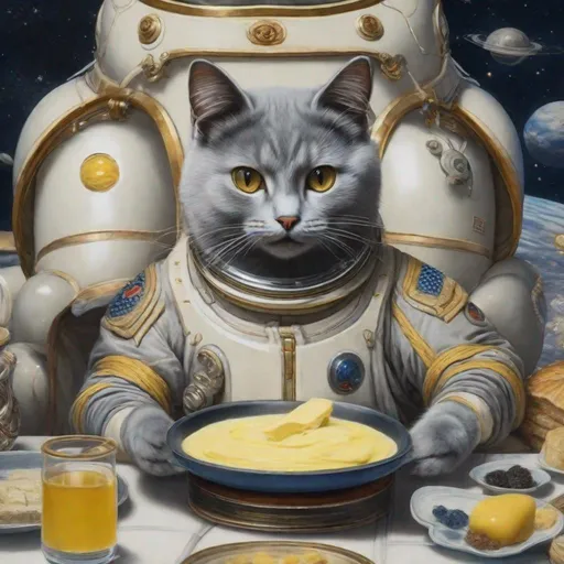 Prompt: 15th Century Japanese painting of a grey cat in a space suit eating butter. Exquisite Detail Everything is perfectly to scale, Aesthetically Brilliant with a cool ambience HD, UHD, 8k Resolution, Vibrant Colorful Award winning 