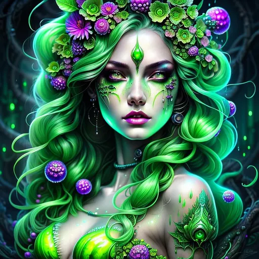 Prompt: Beautiful Poison goddess covered in uranium with detailed green features in a vat of acid with illuminating drops, biohazard; by anna dittmann, floradriel, digital painting, extreme detail, 120k, ultra hd, hyper detailed, toxic, wlop, digital painting, bright green body, covered in Ivy dress, anime character, background digital painting, digital illustration, extreme detail, digital art, ultra hd, vintage photography, beautiful, aesthetic, style, hd photography, hyperrealism, extreme long shot, telephoto lens, motion blur, wide angle lens, sweet,