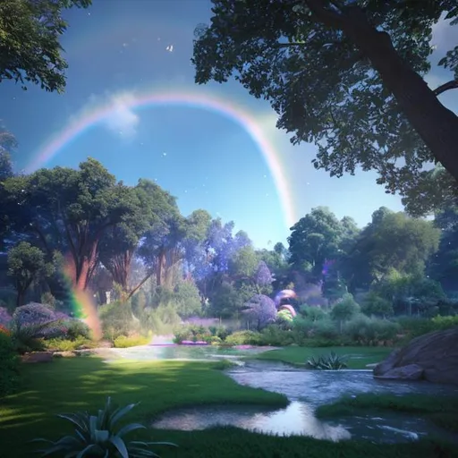 Prompt: 3d realistic render, Soft lighting, trees, overhead point of view, forest background, rainbow in the sky.